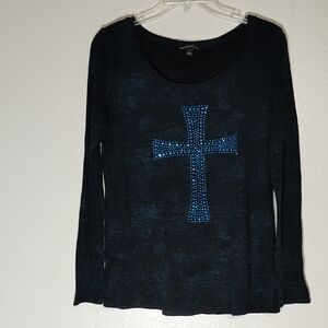 Rock & Republic Black Top with Blue Cross Design SizeM